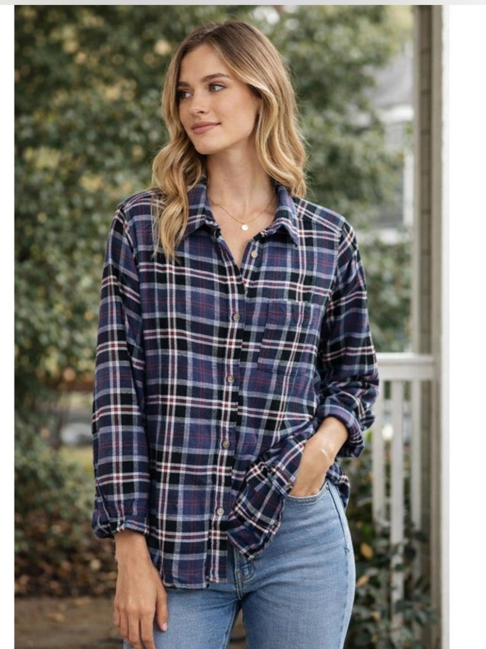 American Eagle Outfitters Women’s Plaid Button-Down Shirt - Navy, Black, Red